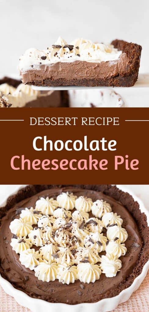Brown, white and pink text overlay on two images of whole and sliced chocolate cream pie.