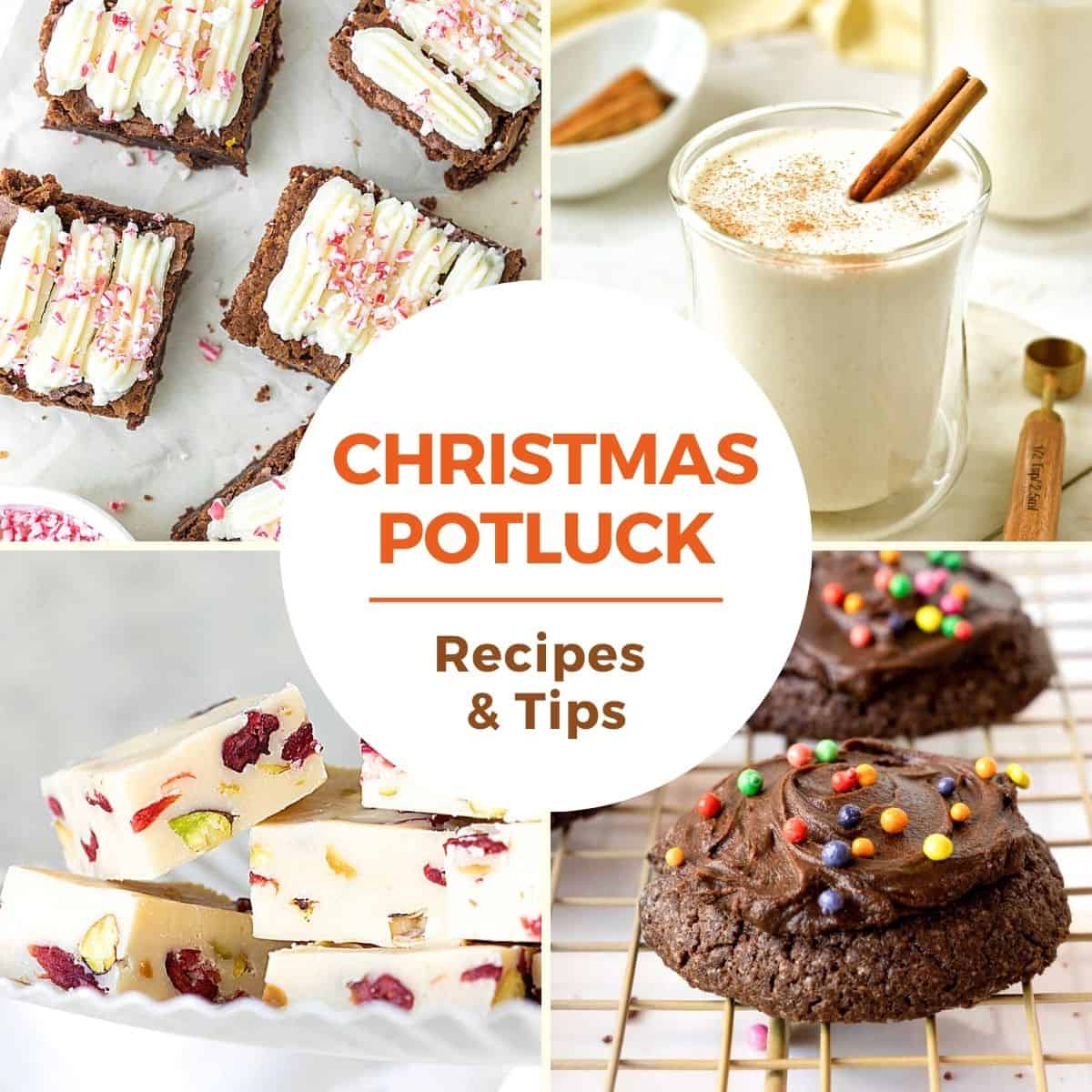 White, brown and orange text overlay on four images of Christmas dishes.