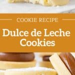 Brown and white text overlay over two images of bitten and whole alfajores cookies with dulce de leche.