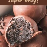 Brown and white text overlay on close up of bitten Oreo truffles.