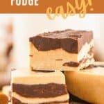 Brown and white text overlay on pile of marbled peanut butter chocolate fudge pieces.