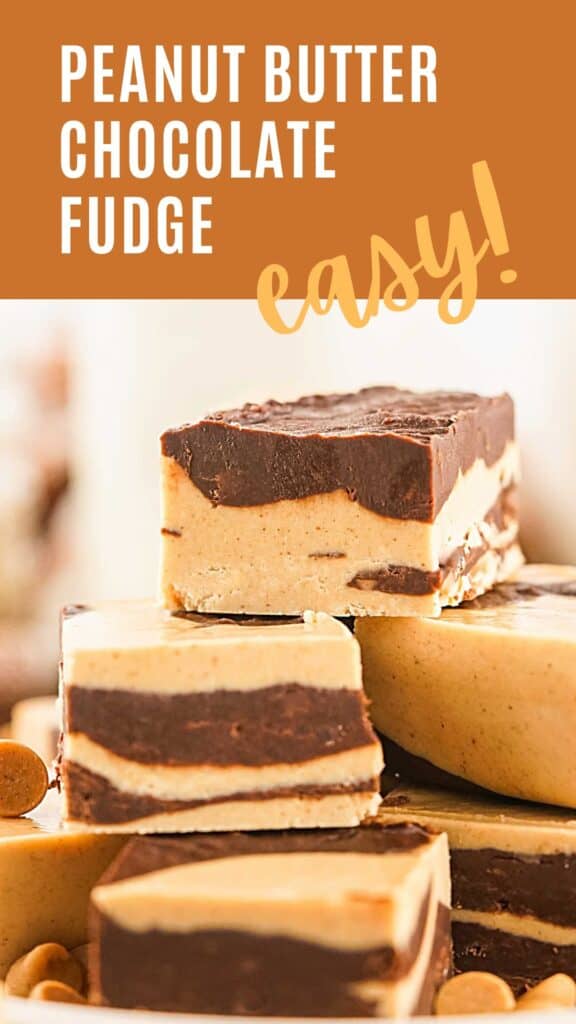 Brown and white text overlay on pile of marbled peanut butter chocolate fudge pieces.