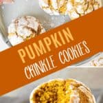 Brown and white text overlay on two images of whole and bitten pumpkin crinkles.