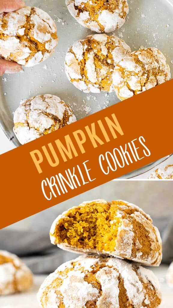 Brown and white text overlay on two images of whole and bitten pumpkin crinkles.
