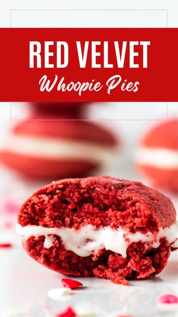 White and red text overlay on close up image of bitten red velvet whoopie pie.