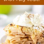 Brown and white text overlay on close up image of apple crumb pie slice on a white plate.