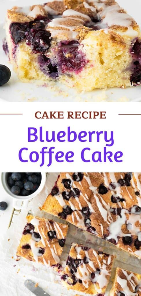 White and purple text overlay on two images of slice and whole blueberry coffee cake squares.