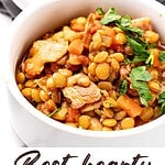 Black and white text overlay on two images of bowl and spoon of lentil stew.