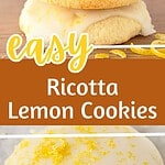Brown, yellow and white text overlay on two images of stacked and bitten glazed lemon cookies.