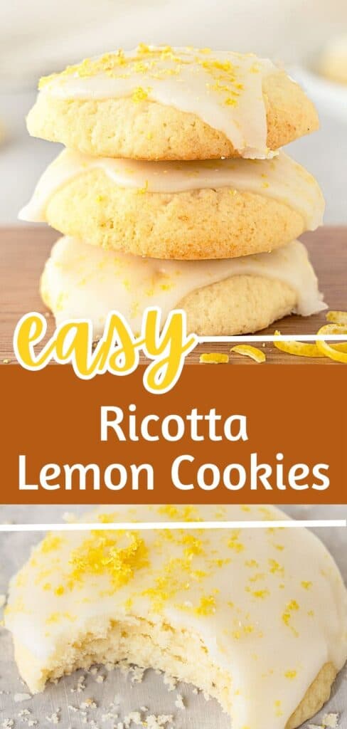 Brown, yellow and white text overlay on two images of stacked and bitten glazed lemon cookies.