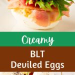 Brown, green and white text overlay on two images of single and several BLT deviled eggs.