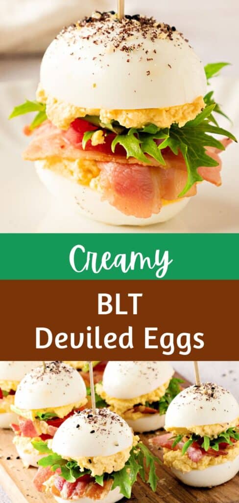 Brown, green and white text overlay on two images of single and several BLT deviled eggs.