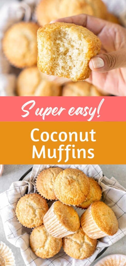 Pink, brown and white text overlay on two images of whole and bitten coconut muffins.