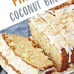 White, brown and gray text overlay on two images of glazed coconut pineapple bread.