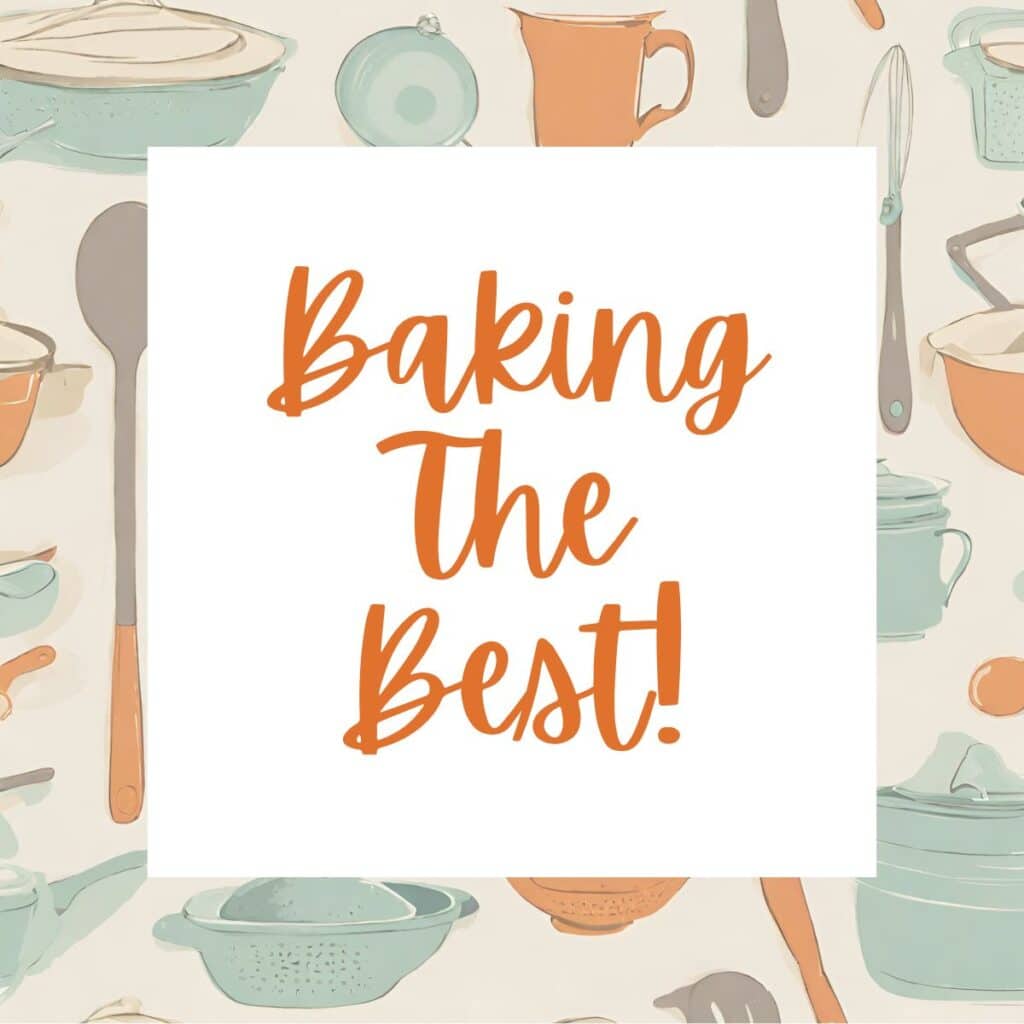 Illustration of vintage utensils with white and orange text overlay.