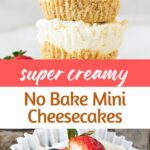 White, brown and pink text overlay on two images of mini cheesecakes with berries.
