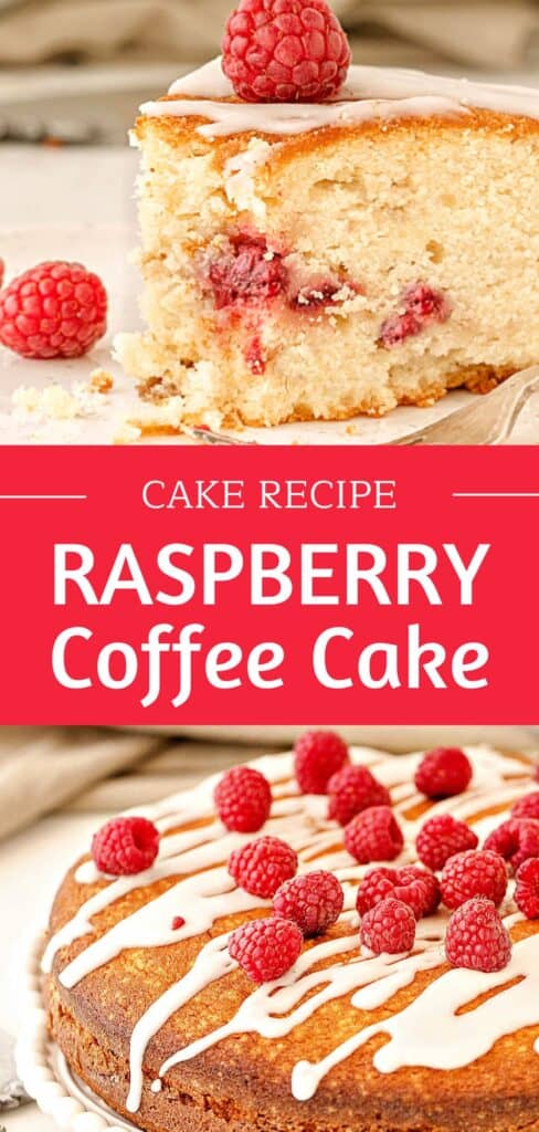 Red and white text overlay on two images of whole and sliced glazed raspberry cake.