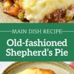 Green and white text overlay on two images of shepherd's pie serving on a green plate.