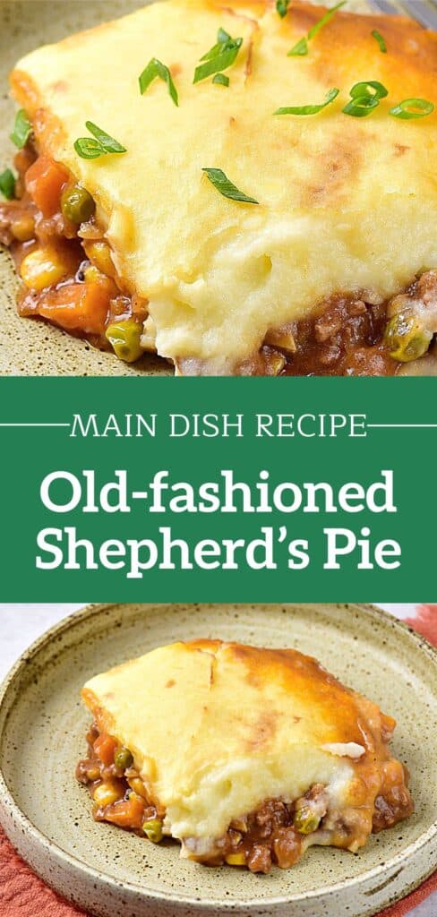 Green and white text overlay on two images of shepherd's pie serving on a green plate.