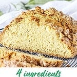 Green, white and brown text overlay on two images of baked and unbaked Irish soda bread.