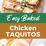 Green, brown and white text overlay on two images of baked chicken taquitos.