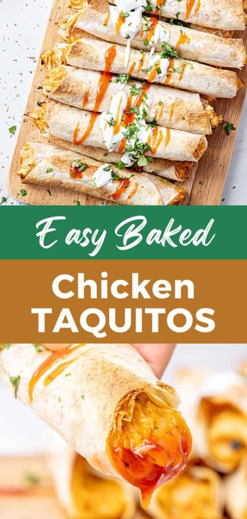 Green, brown and white text overlay on two images of baked chicken taquitos.