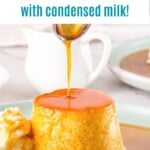 Brown, white and green text overlay on individual caramel custard.