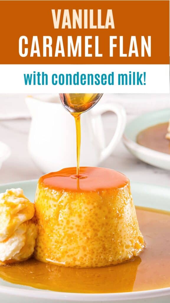 Brown, white and green text overlay on individual caramel custard.