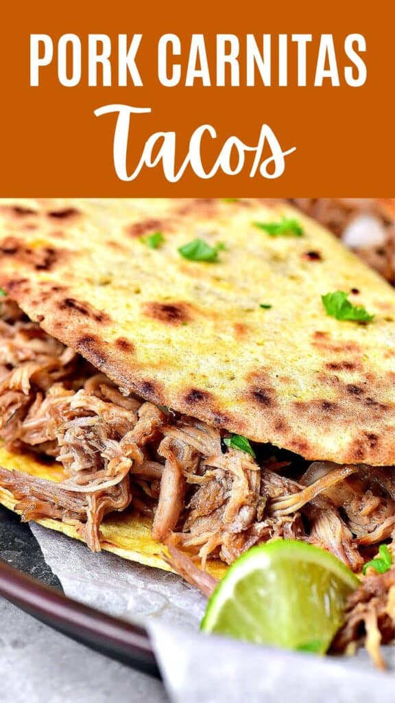 Brown and white text overlay on close up image of shredded pork tacos.