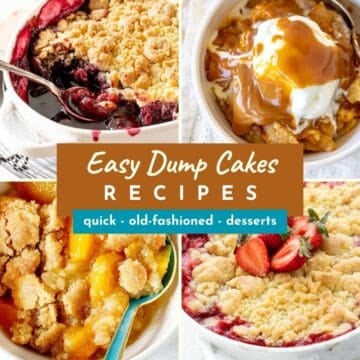 Four dump cake image collage with brown and teal text overlay.