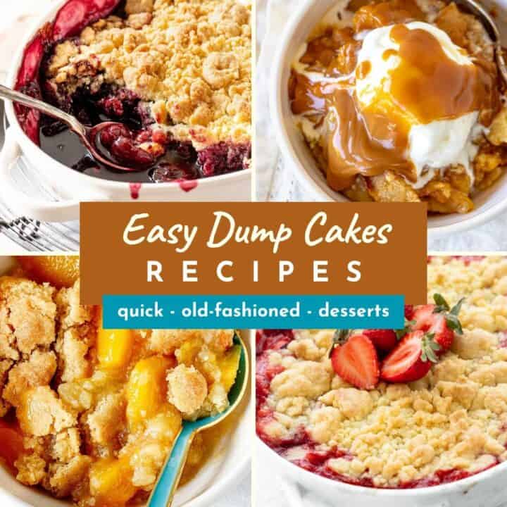 Four dump cake image collage with brown and teal text overlay.