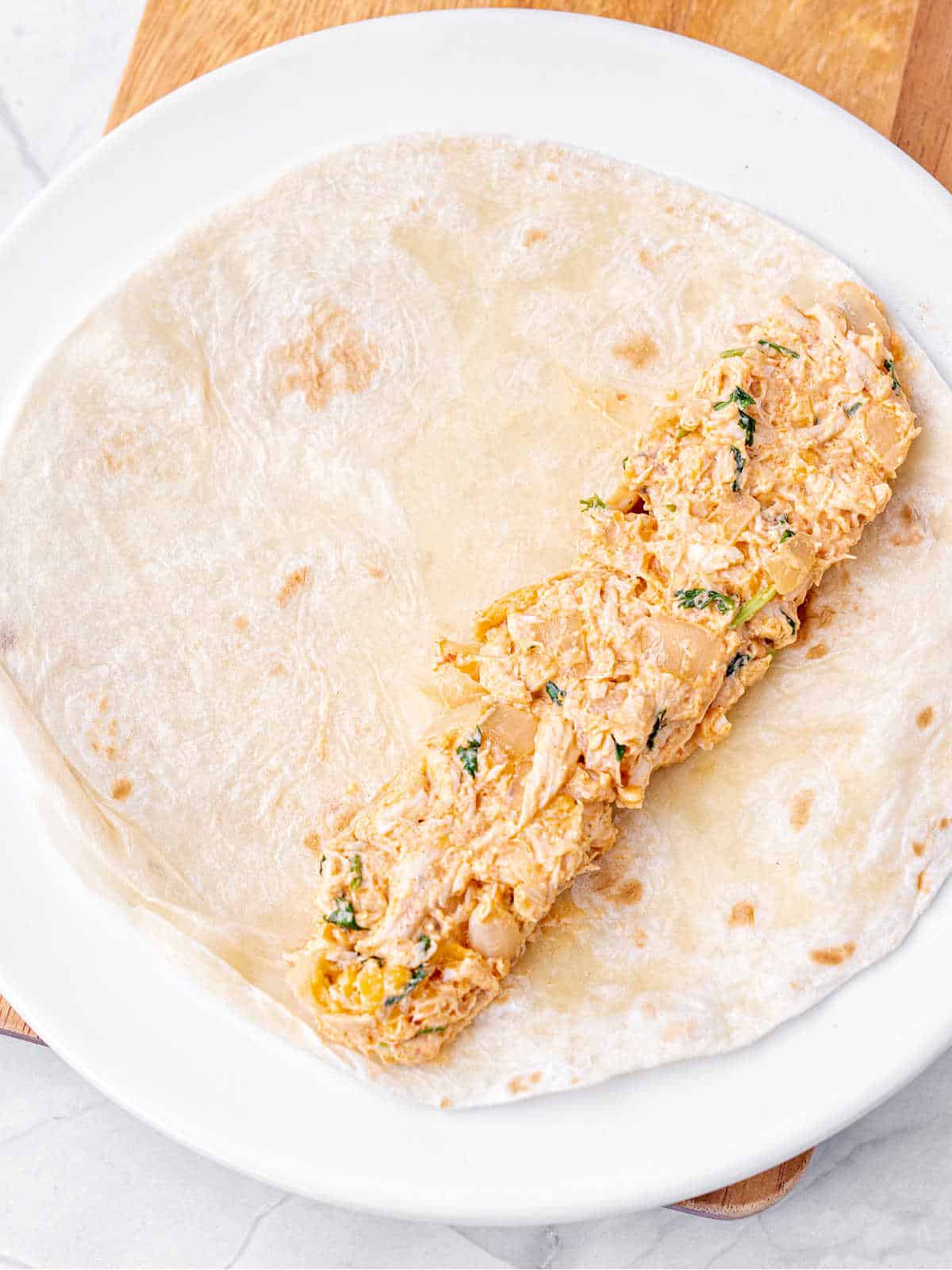 Tortilla with chicken filling on a white plate. 