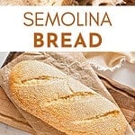 White and brown text overlay on whole and sliced semolina bread.