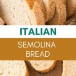 Green, white and brown text overlay on two images of semolina bread slices.