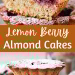 Brown and yellow text overlay on two images of whole and halved blackberry almond cakes.