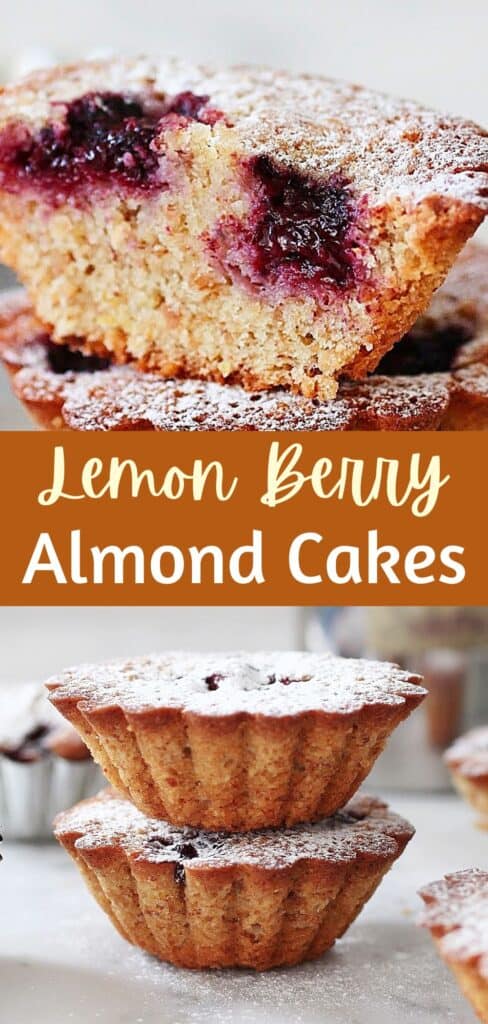 Brown and yellow text overlay on two images of whole and halved blackberry almond cakes.