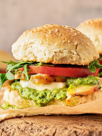 Close up of pesto chicken tomato sandwich. Gray background.