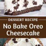 Brown and white text overlay on two images of whole and sliced Oreo cheesecake.