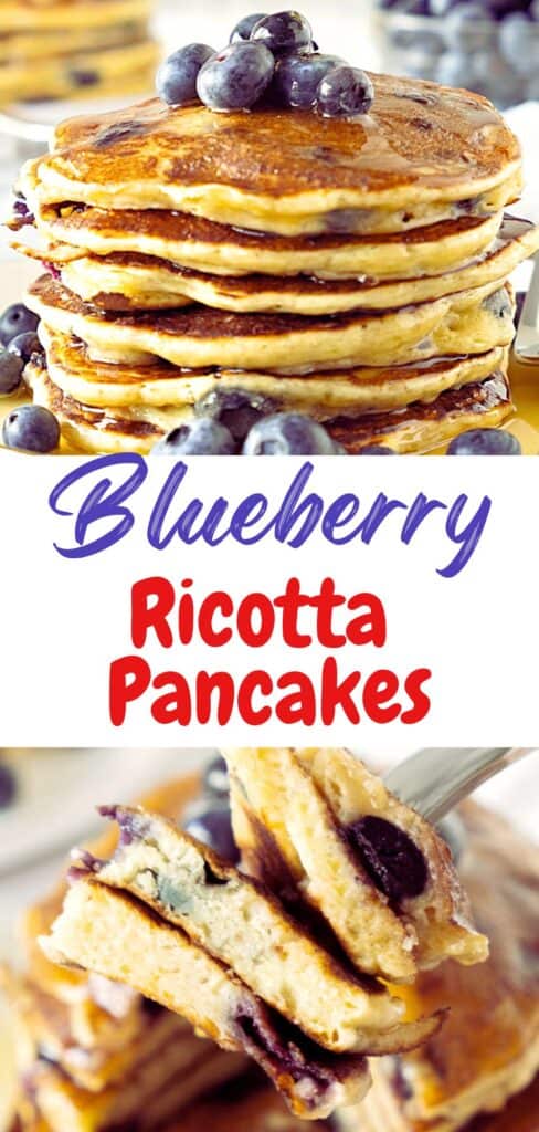 White, blue and red text overlay on two images of stack and bite of blueberry pancakes.