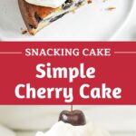 White and red text overlay on two images of cherry cake slices.