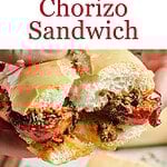 White, black and red text overlay on two images of choripan, Argentinian chorizo sandwich.
