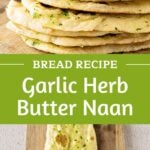 Green and white text overlay on two images of naan bread stacked and being brushed.