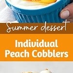 Orange, brown and white text overlay on two images of bowl and spoon with peach cobbler.
