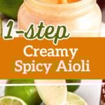 Brown, white and green text overlay on two images of spicy aioli jar.