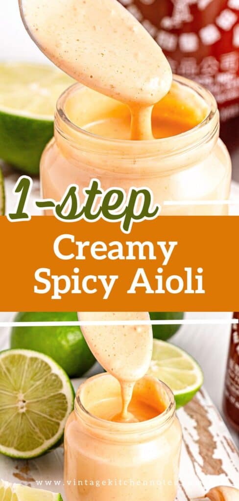 Brown, white and green text overlay on two images of spicy aioli jar.