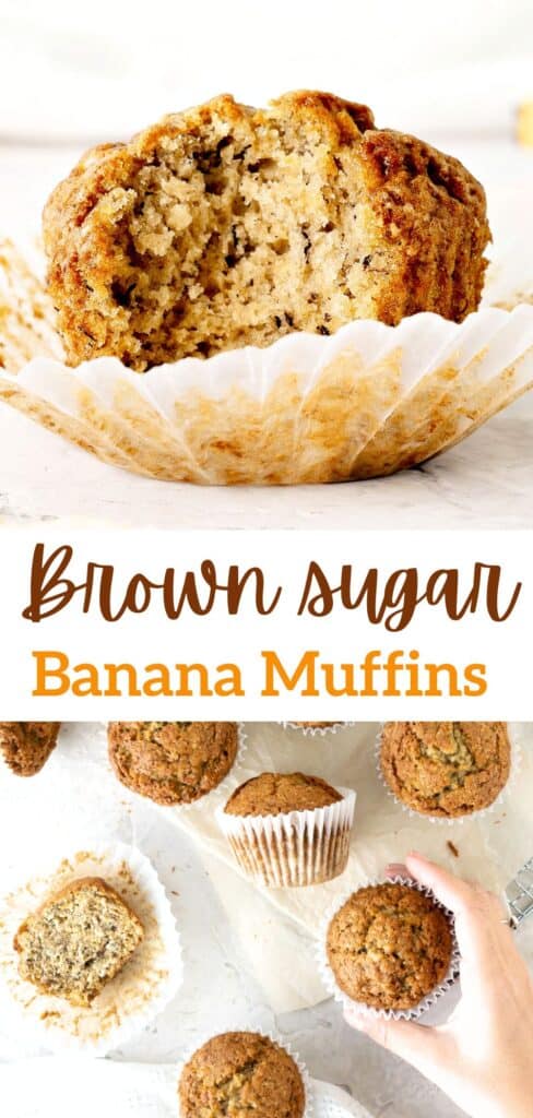 Brown, orange and white text overlay on two images of banana muffins, whole and bitten.