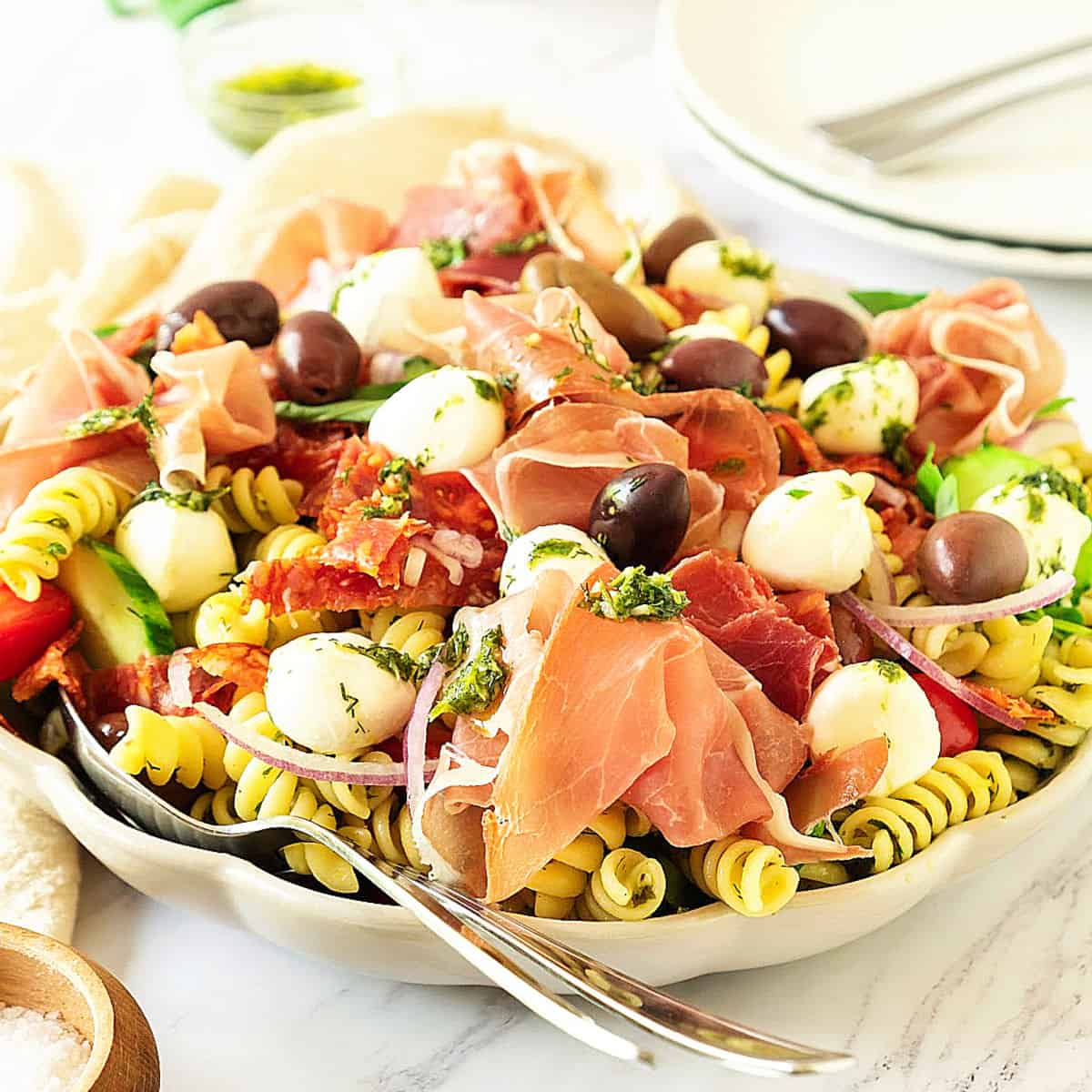 Antipasto Pasta Salad (with pesto dressing) - Vintage Kitchen Notes