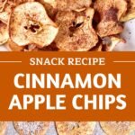 Brown and white text overlay on two images of baked and unbaked apple chips.