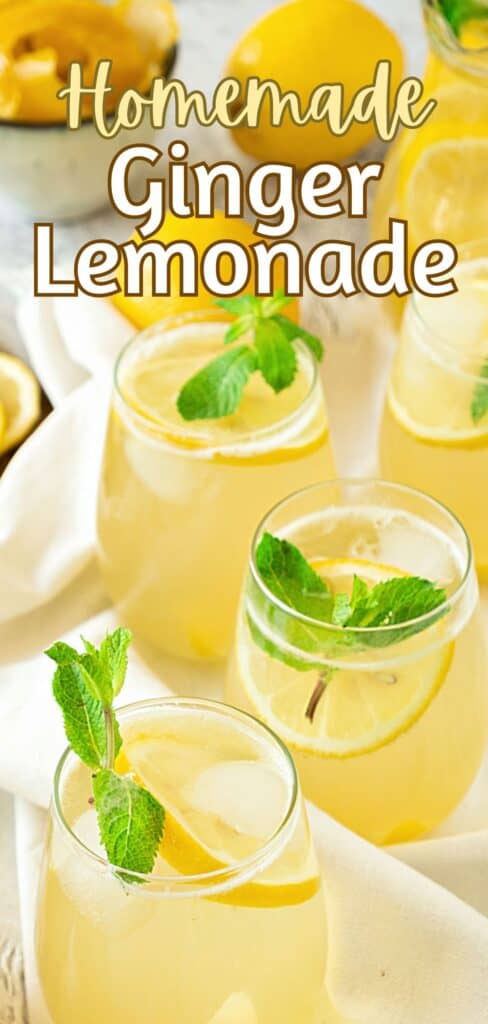 Yellow and white text overlay on glasses with ginger lemonade and mint sprigs.