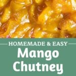 Green and white text overlay over mango chutney in a green bowl.